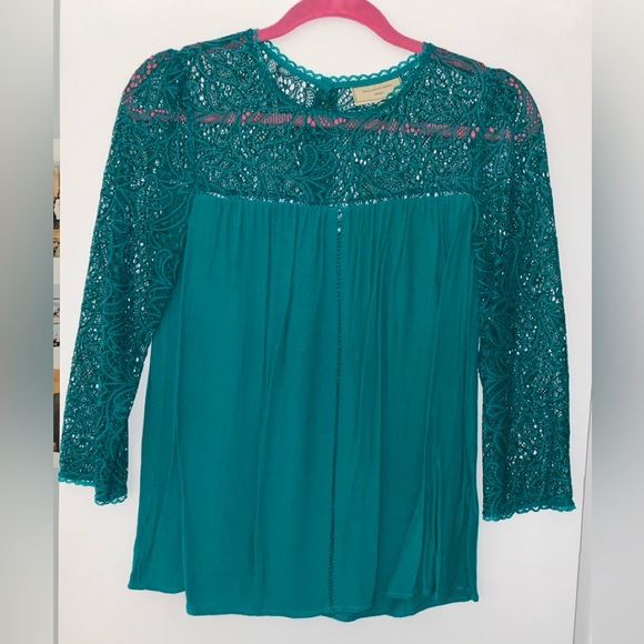 Moulinette Soeurs x Anthropologie Green Lace Long Sleeve Swing Top Size 4 - Picture 1 of 4